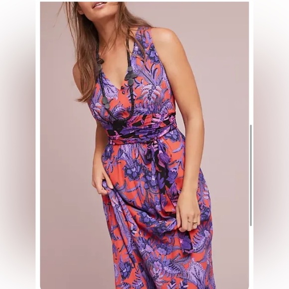 Anthropologie Maeve Macie Maxi Dress Jungle Floral Coral Purple - Picture 13 of 13